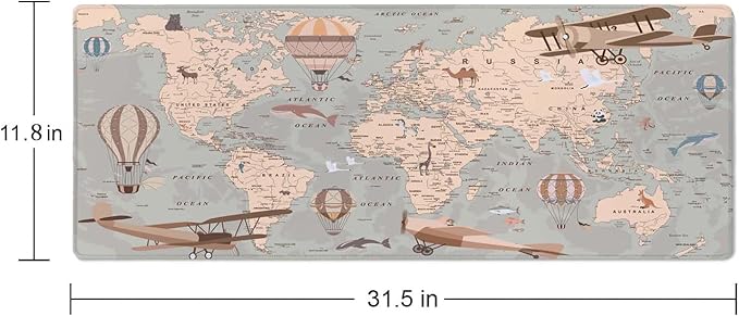 Mouse Pad Gaming, Large Mouse Pads, Non-Slip Rubber Base Mousepad, Keyboard Mouse Mat Desk Pad with Stitched Edges, 31.5x11.8 inch Retro World Map with Balloons and Animals