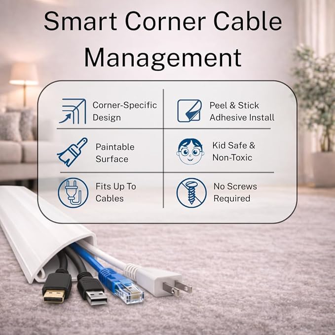 Easylife Corner Cable Trunking Raceway 192 Inch Paintable Self Adhesive TV Cable Hider Flexible Cable Concealer for Wall Corners HDMI Power Cord Ethernet Speaker Wire Management