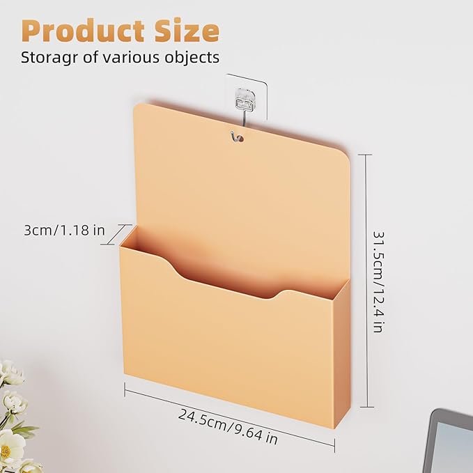 Magnetic File Holder - Magnetic Paper Holder, Pocket Organizer Office Supplies Storage Mail Organizer for Notebooks,Planners,Letter (Orange)