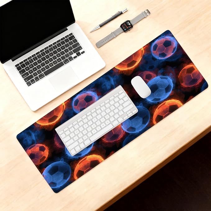 Large Mouse Pad Soccer Balls Fire Non-Slip Rubber Long Gaming Desk Mat Big Computer Keyboard Mousepad Waterproof Protector Wristing Pad for Gaming Office Home Decorative 31.5 X 11.8 Inch