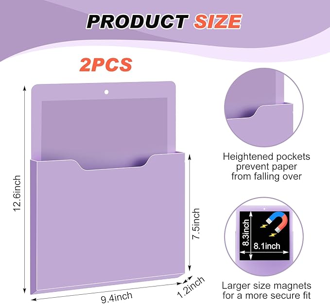 Feifeiya 2 Pcs Magnetic File Folder Wall Hanging Holder Large Pocket Paper Magazine Mail Organizer for Refrigerator Classroom Locker Whiteboard(Vertical,Purple Color,12.2 x 9.4 Inches)