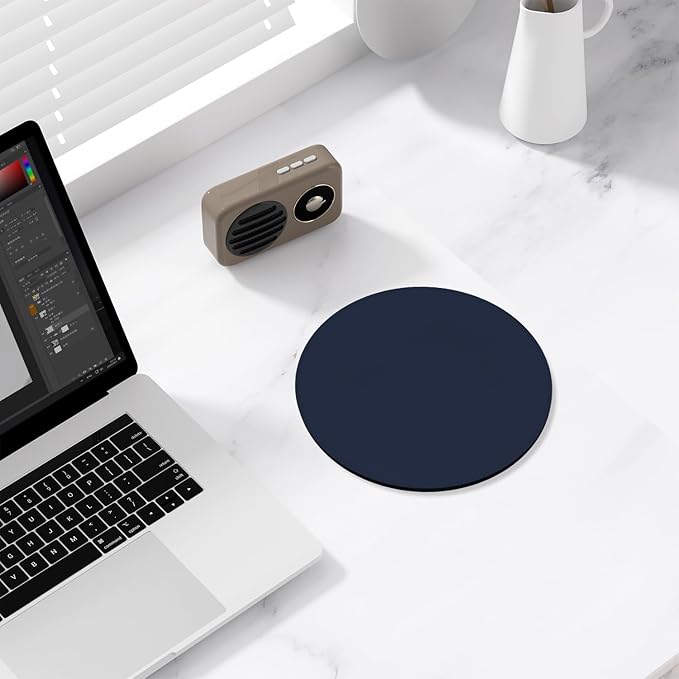 Leather Mouse Pad, Office Mouse Mat Non-Slip Rubber Base Stitched Edge Washable Waterproof Round Mousepad for Office Gaming PC Laptop, Round Diameter 8.7 inches, Dark Blue