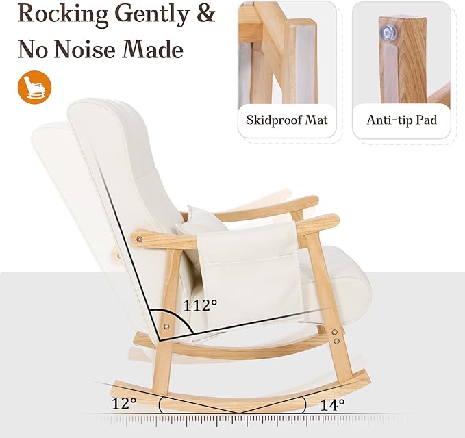 NOBLEMOOD Rocking Chair Indoor with Ottoman, Upholstered Rocking Chair with Lumbar Pillow, Side Pocket, High Back Solid Wood Frame Rocker with Footrest for Living Room