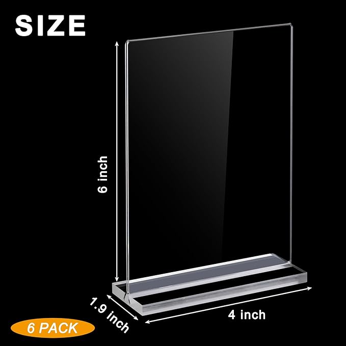 Hoewina Acrylic Sign Stands 4 x 6 Inch 6 Pack - Clear Display Sign Holders, Vertical Double-Sided Acrylic Frame, Flyer Paper Holder for Store, Vendor Booth & Home & Restaurants & Office