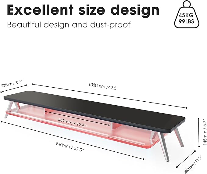 Fenge Dual Monitor Stand with 8-Mode LED Lights, 5.7" H Computer Monitor Riser with Acrylic Shelf & Aluminum Legs, Stable Desk Shelf Organizer for Computer Laptop Home Office & Gaming, Black