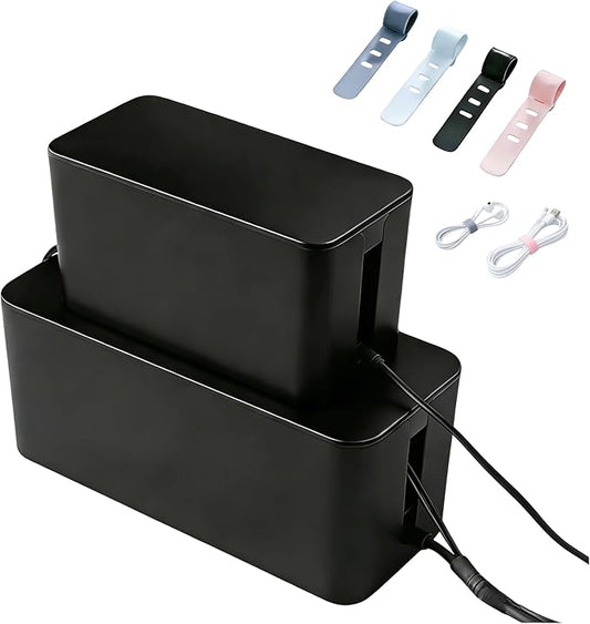 1Large+1Small Cable Organizer Set with 4 Silicone Cable Ties, 2-Piece Cable Management Box, Acrylic Lid Cord Organizer for Home Office,Set of Two Cable Box,Cable Organizer Box(Acryliclid lid/Black)