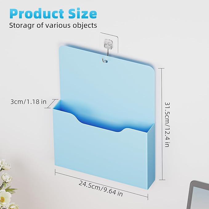 2 Pack Magnetic File Holder - Paper Holder, Pocket Organizer,Hanging Wall File Organizer Office Supplies Storage, Magazine Mail Organizer Case for Notebooks,Planners,Letter (Blue)