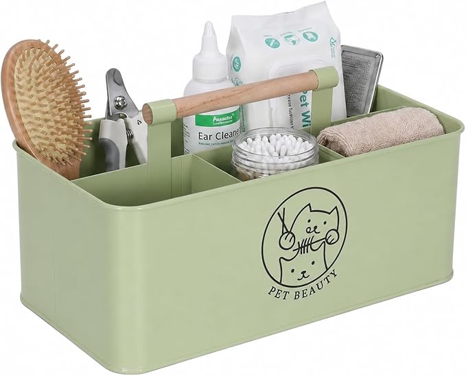 Premium Dog Cat Grooming Supplies Organizer with Wooden Handle,4-Compartment Metal Caddy for Pet Stuff -Powder Coated Dog Storage Bin for Hair remover Brush Nail Clipper Scissors-Green