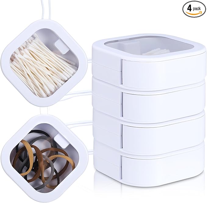 Prudiut 4Pack Hair Tie Organizer Boxes, Portable Travel Containers Storage Box, Stackable Hair Accessory Storage, Desktop Small Items Dispenser, Hair Tie Holder Clip Organizer for Girls(White)