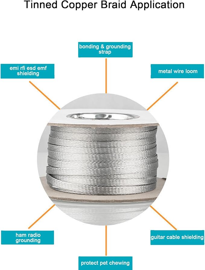 Tinned Copper Braided Cable Shielding Sleeve Metal Wire Loom Sheathing EMI RFI ESD Protector Grounding Mesh Flat Tubular Expandable 5/16" W(0.20" ID)-35FT