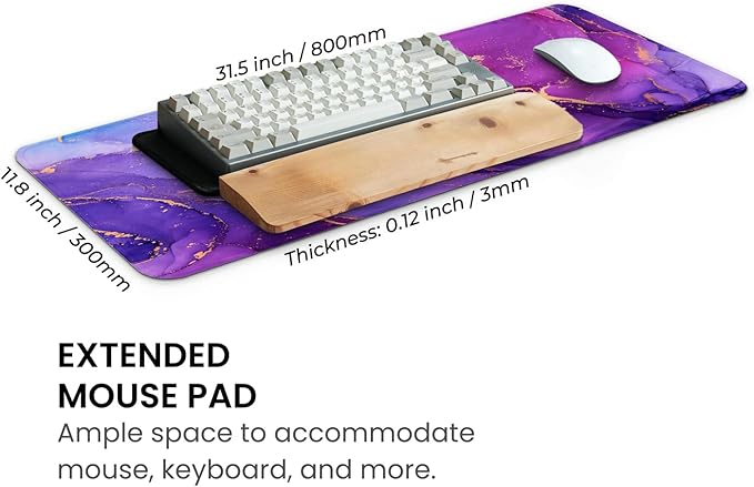 MAY FLOWER Gaming Mouse pad, Large Laptop Mousepad, Full Keyboard Mat, Long Computer Mouse Mat for Home and Office, Anti-Slip Rubber Base, 31.5 x 11.8 Inches (Purple Marble)