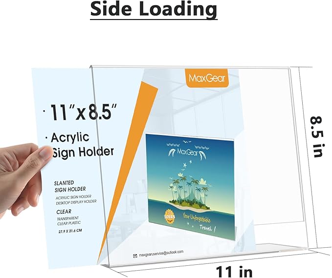 MaxGear Acrylic Sign Holder 8.5x11 Inches Horizontal 12 Pack, Slant Back Clear Tabletop Display Stands for Flyers Menus Documents, Landscape Sign Frames