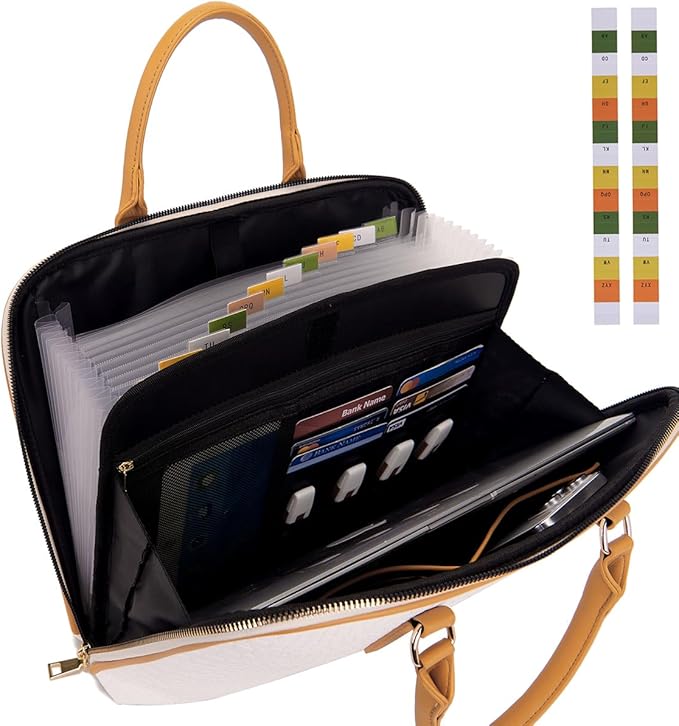 Accordian File Organizer Tote,Folder with Zipper & Labels,12 Pocket Expanding File Folder with Multi-Pockets Paper Folder for Letter A4 Files Business Teacher Office Bag Handbags for Ladies