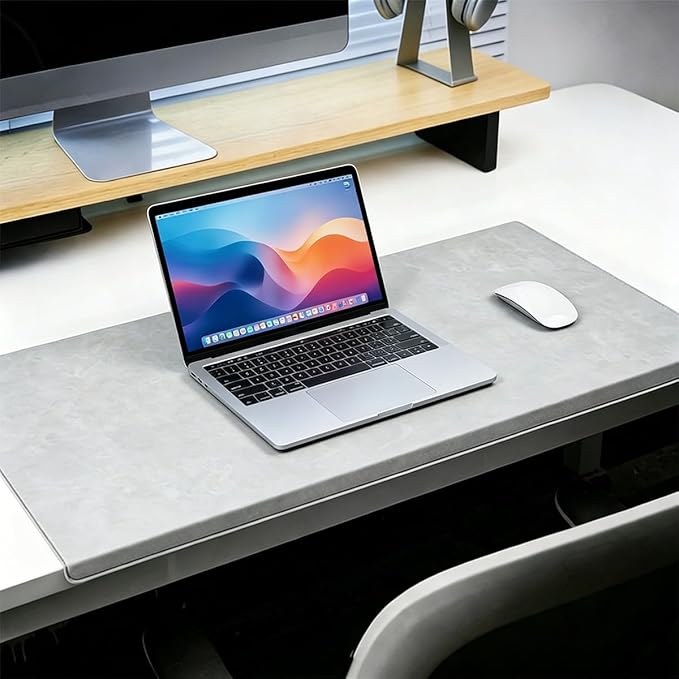 Leather Edge-Locked Desk Pad with Edge Protector, Non-Slip Large Office Computer Mouse Mat, Waterproof Desk Blotter Table Protective Pad for Writing Work (Grey,27.6"x12.6")