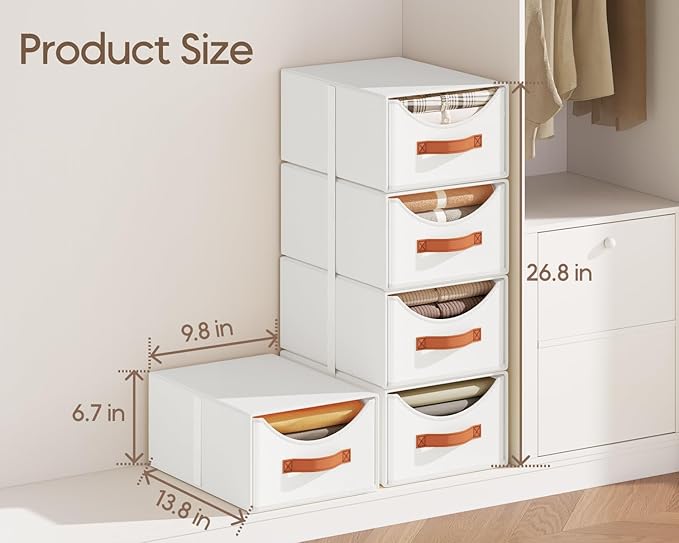 Homsorout Stackable Storage Drawers - Collapsible Storage Bins with Drawers, 4 Pack Closet Shelf Organizer Basket, Fabric Pull Out Organizer for Bedroom, Living Room, Dorm, White