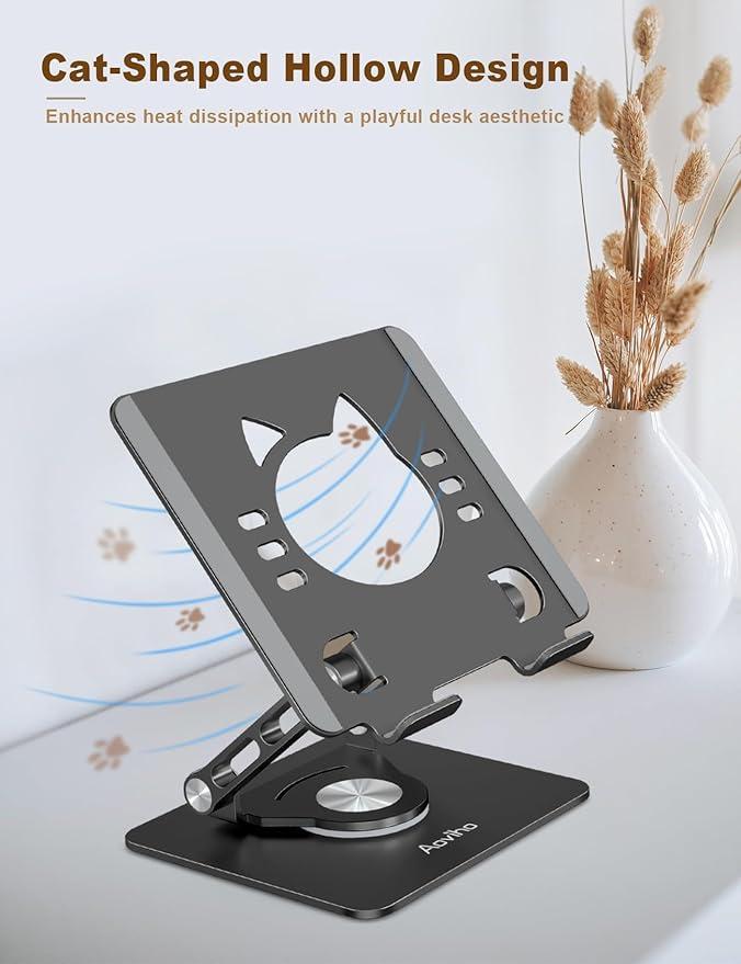 Aoviho Tablet Stand 360° Rotating Aluminum Holder, Adjustable, Portable and Foldable Monitors Stand for iPads, Compatible with 4-12.9" Tablets, Ink Black