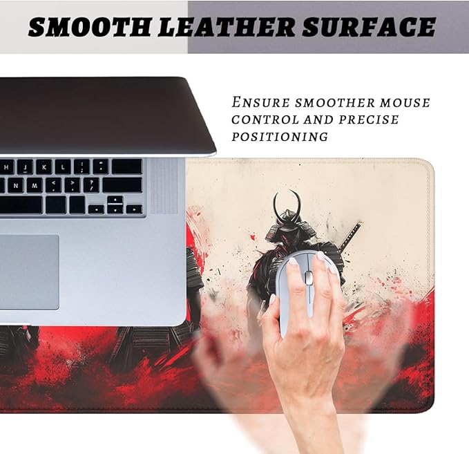 Samurai Gaming Mouse Pad Japanese Warrior Black Graffiti Red Sun Extended Mousepad Waterproof Stitched Edges Rubber Base Non-Slip Deskpad Computer Keyboard Mat 31.5x11.8 in