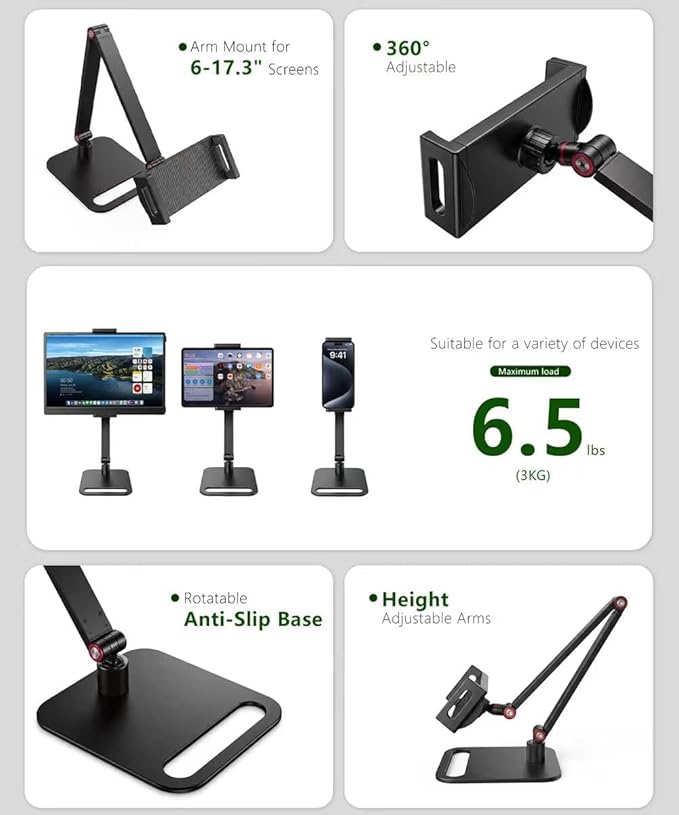 Portable Monitor Stand for Desk, Extra Tall Adjustable Tablet Holder (Max 40cm-17 Height), Aluminum 360° Swivel Arm Mount for 6-17" Screens, Fits 12.9 inch iPad Pro/16 inch Portable Displays