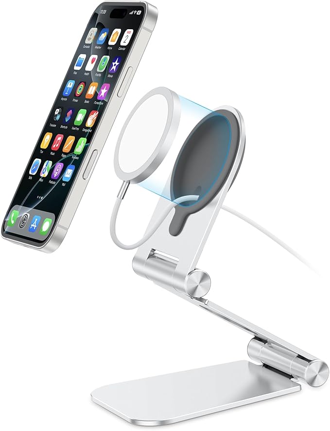 OMOTON Stand for MagSafe Charger, Foldable Phone Stand Holder for MagSafe Accessories， Compatible with iPhone 17/16/15/14/13/12 Pro Max/iPhone Air, [Charger for MagSafe Not Included], Silver