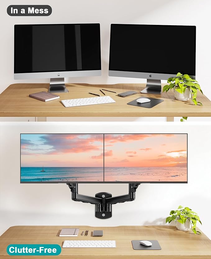MOUNT PRO Dual Monitor Wall Mount for 2 Computer Screen up to 32 Inch, Gas Spring Double Monitor Arm Holds Up to 17.6lbs Each, Full Motion Adjustable Wall Monitor Mount, VESA Mount 75x75/100x100