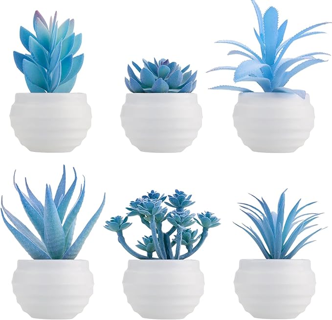 GREENTIME 6 Pcs Blue Mini Artificial Succulents in Plastic Pots Small Fake Plant Succulent Plant Graduation & Father Party Decorations Classmate Gift Faux Indoor Decor Bedroom Desk Bathroom Shelf