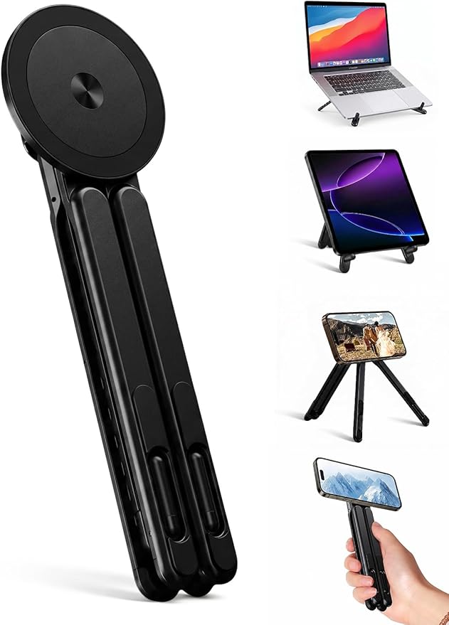 Magnetic Phone Stand & Foldable Laptop Riser, Matte Black Multi-Device Aluminum Desk Mount, N52 MagSafe Tripod Grip for Travel Office, Ergonomic Elevator for MacBook, iPad & iPhone