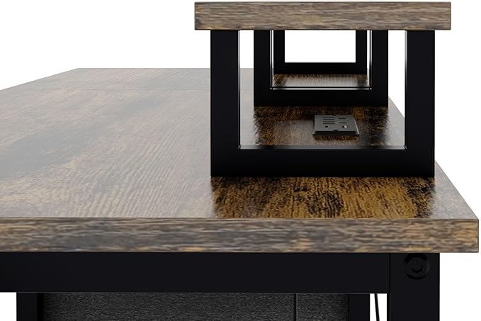 Home Office Desk with Side Pocket and Drawers, Modern Computer Desk for Small Space Bedroom, 47 Inch Gaming Desk with Power Outlet & 2 Movable Monitor Shelves (Rustic Brown)