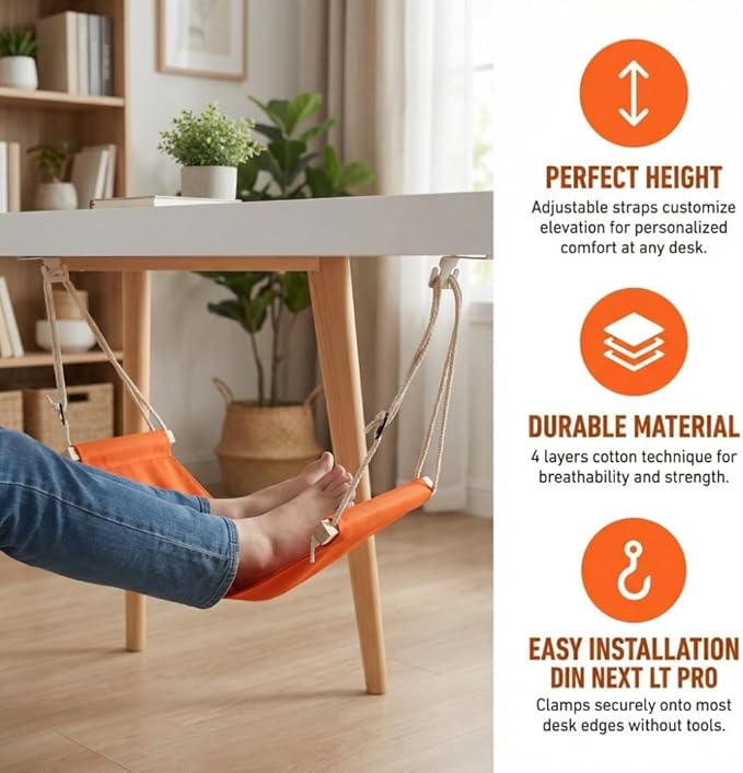 Foldable Footrest for Desk - Adjustable Under Desk Hammock with Breathable Fabric for Office Chair & Airplane Travel