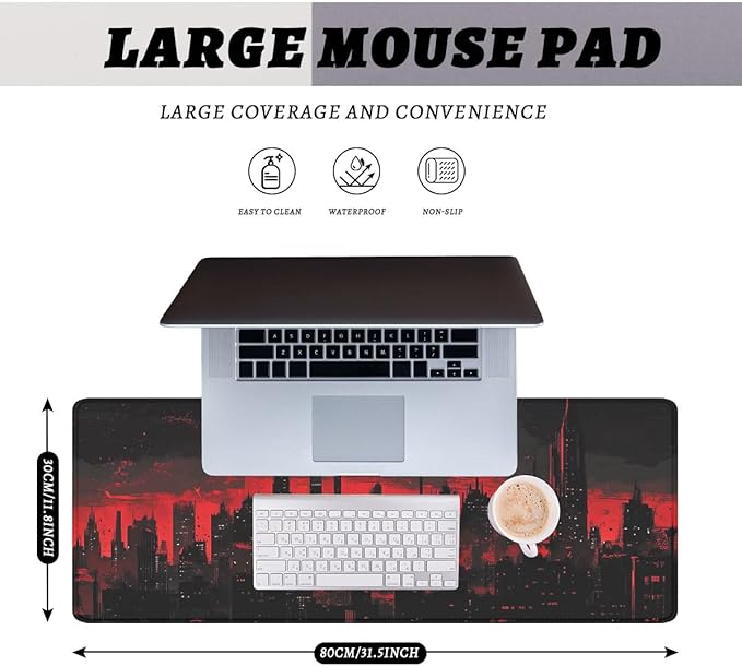 Dark City Mouse Pad Red Moon Gothic Skyline Neon Large Gaming Mouse Mat with Stitched Edges,Non-Slip Waterproof Rubber Base Mous Mat 31.5x11.8 Inch