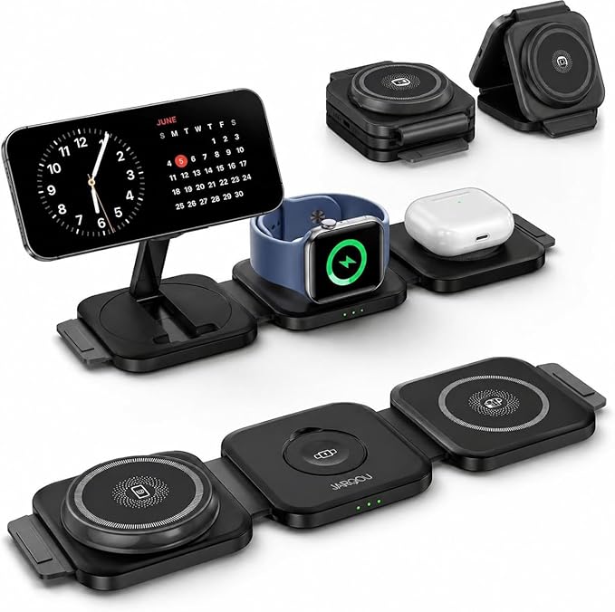 Travel Essentials for Apple Watch Charger,3 in 1 Charging Station for Apple Devices,Foldable Wireless Charging Station for iPhone 17/16/15/14/13/12, Apple Watch & AirPods with Magsafe Charger Stand