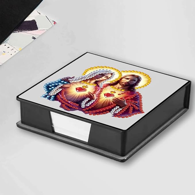 FRANDEK Jesus and Our Lady Creative Diamond Art Desk Organizer, DIY PU Note Box with 160 Sheets, All-in-One Gift Set for Craft Lovers, Elegant Mosaic Kits for Home & Office