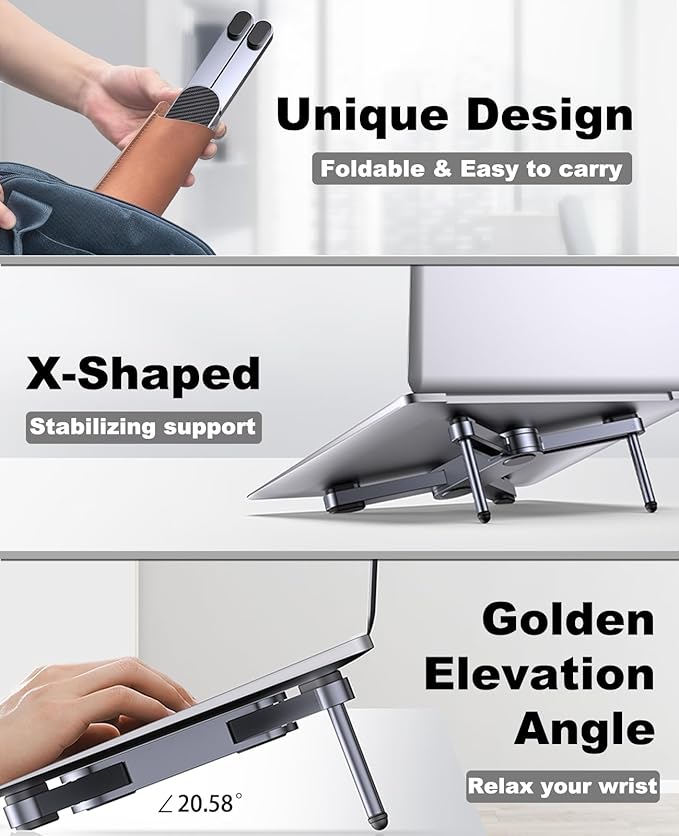 YICOSUN New Concept Laptop Stand - Adjustable Ergonomic Aluminum Riser for MacBook Pro/Air up to 15.6” - Foldable & Portable Computer Stand for Desk, Students, Office, Travel, Gaming - Gray