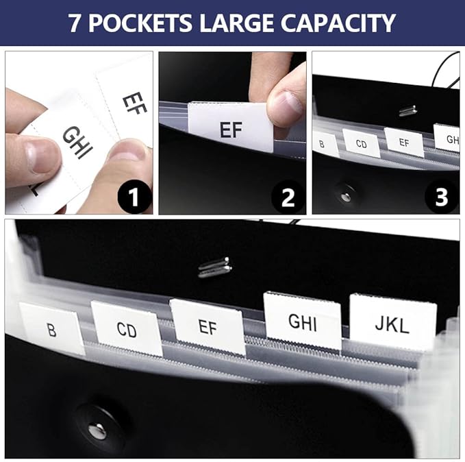 Credibility Accordion File Folder Organizer, 2 Packs Vertical Expanding According Plastic File Folder Bag with 7 Pocket and Labels for A4 Letter Size Paper Document, Bungee Closure, 13.78” x 9.84''