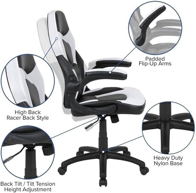 BOWERY HILL 2 Piece Gaming Desk Set, Z-Frame Design, Black Laminate Desk with Cable Management, Red and White Finish, Ergonomic Chair with Lumbar Support, Adjustable Arms, for Home or Office Use