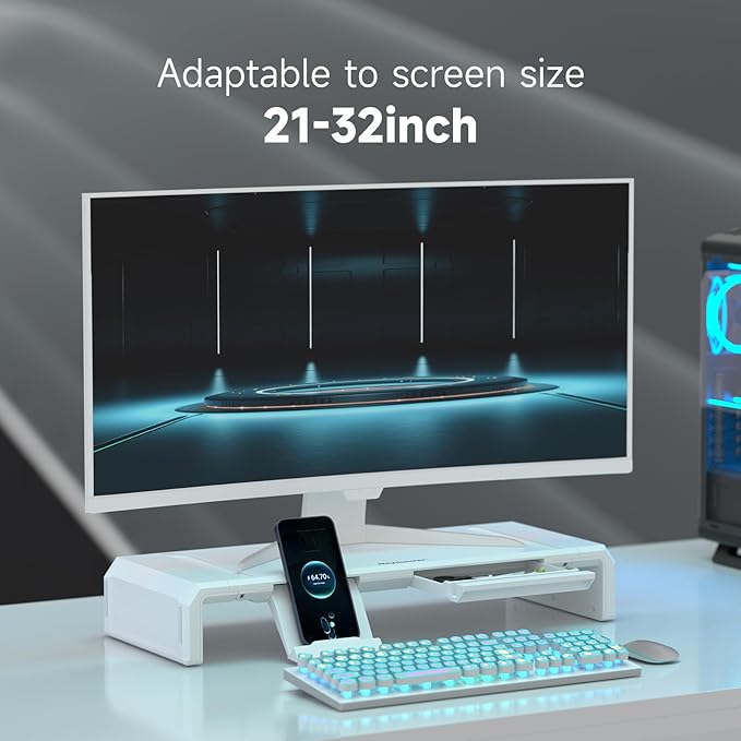 Heymaster Monitor Stand Riser with Drawer, Foldable & Adjustable Length Computer Stand with Phone & Tablet Holder, Space Saving Desk Organizer Shelf for Home Office, Laptop, Desktop