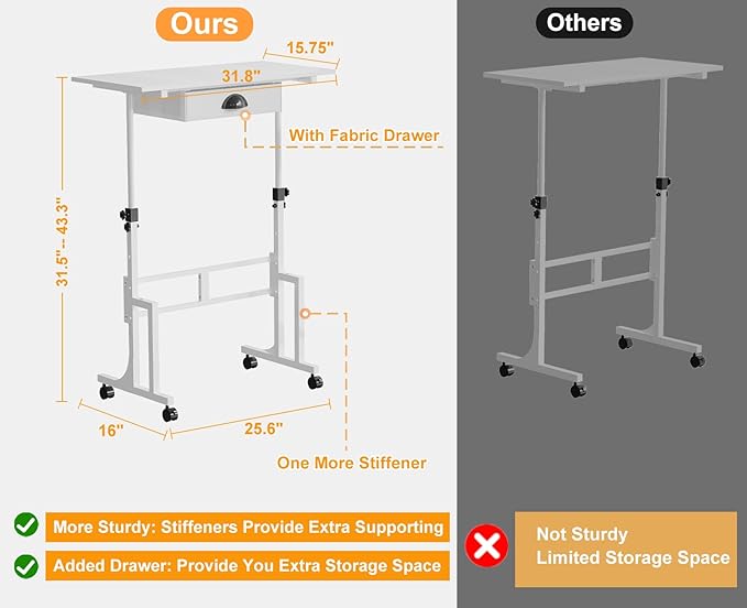 Cidaziya Adjustable Height Standing Desk for Walking Pad Treadmill, Portable Rolling Desk for Laptop with Drawer, Small Moblie Sit to Stand Desk On Wheels with Stiffener for Home Office Dorm Bedroom