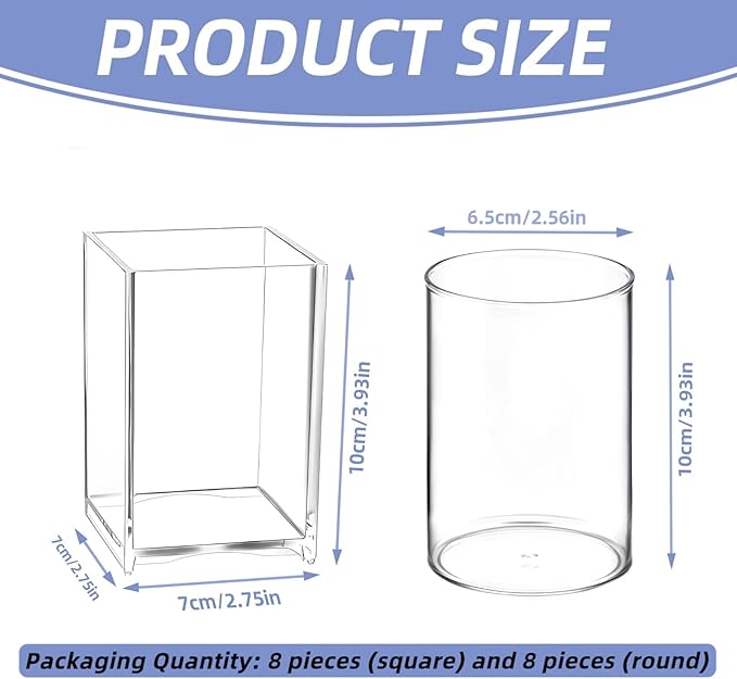 16 Pack Acrylic Pen Holder Set, 8PCS Square Pencil Organizer for Desk + 8PCS Round Clear Makeup Brush Holder, Pencil Cup Pen Organizer for School Office Stationery
