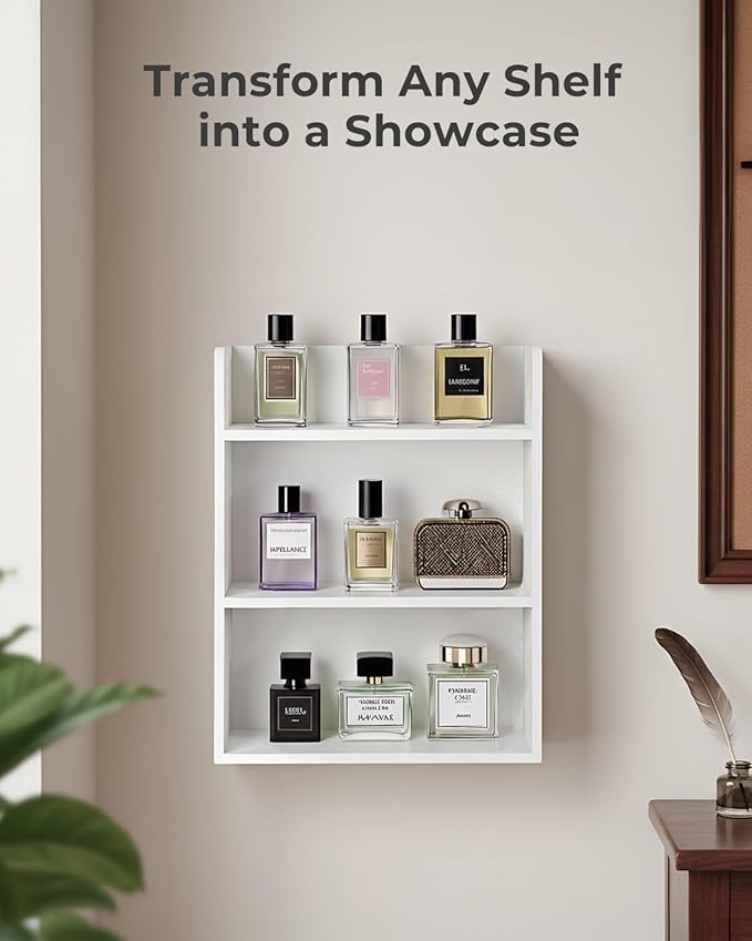 3-Tier Trinket Shelf, 10" x 12" Small Display Shelf for Wall or Countertop, Wooden Knick-Knack Shelves for Collectibles, Perfume & Crystal Storage, White