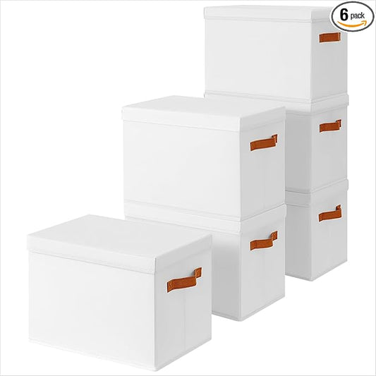 Homsorout Storage Bins with Lids - Fabric Storage Baskets for Shelves, 6 Pack Foldable Decorative Boxes with Handles, Stackable Organizer Bins for Home, Nursery, Dorm, White