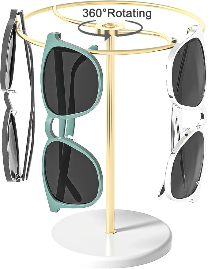 360° Rotating Sunglasses Organizer Stand, Eyewear Display Holder Stand, Eyeglasses Stand Rack for Nightstand Desk Bedroom or Shop Selling (Metal Frame+Acrylic Base) (Gold)