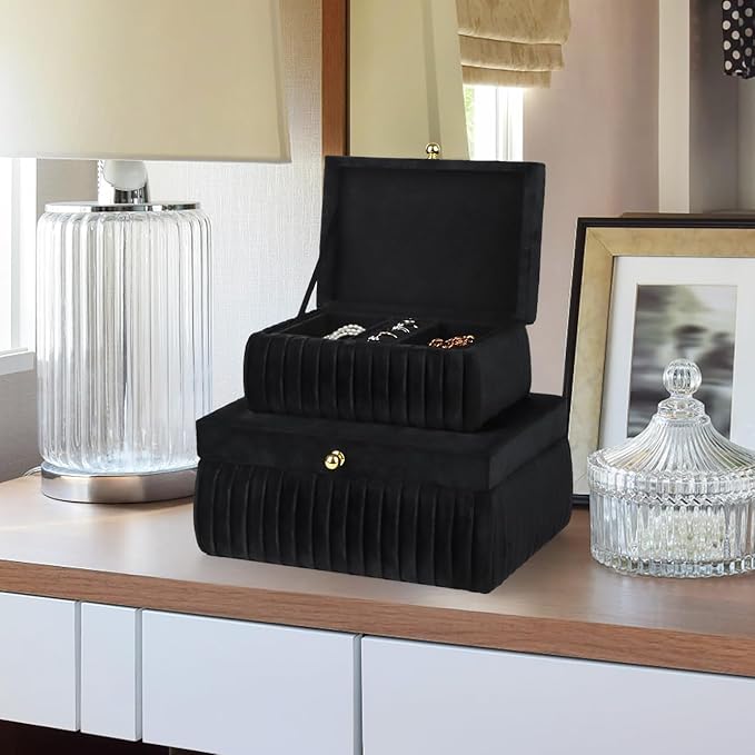 HofferRuffer Velvet Decorative Boxes, Jewelry Boxes Storage Accessory Organizer Boxes with Elegant Handle Decor, Classic Velvet Set of 2 Pieces (Black Velvet)