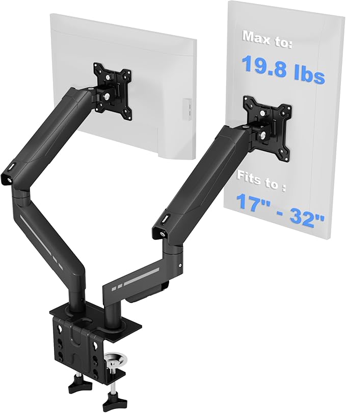 THEARK Dual Monitor Stand for Desk - Dual Monitor Mount for 17-32 Inch Screens,Height Adjustable Dual Monitor Arm Desk Mount with Clamp and Grommet Base,75x75/100x100mm VESA Mount,Max 19.8 lbs,Black