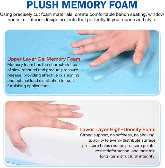 High Density Upholstery Foam Cushion - 1" Thick x 24" x 72", Gel Memory Foam Support Padding for Seat Cushion Replacement, DIY Projects, Sofa Mattress Support