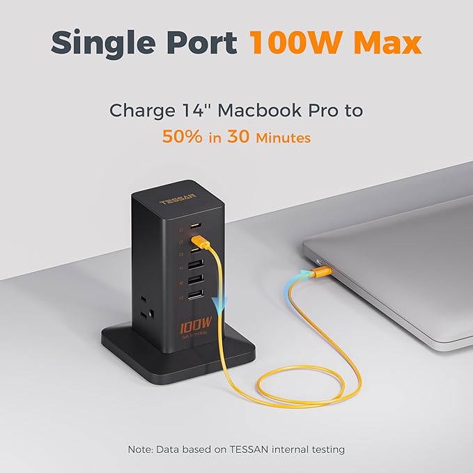 Charging Station for Multiple Devices 100W, TESSAN USB Fast GaN Station for iPhone 14/15, MacBook, Tablet, Type C Desktop Phone with 3 Outlets, Home Drom Office Accessories, Frosted Black, TS-CS03