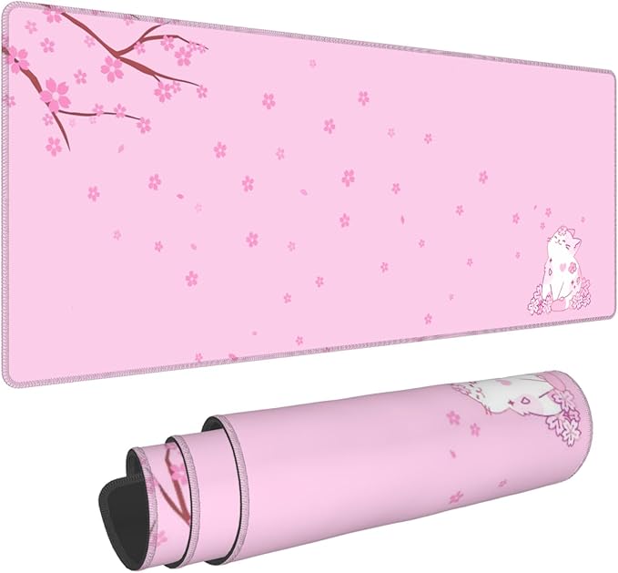 Cherry Blossom Cat Pink Mousepad,Cute Large Anime Gaming Desk Mat,Girly Office Decor Accessories Desktop Keyboard Pad for Women Girls,Aesthetic Japanese Sakura Mouse Mat,31.5x12in