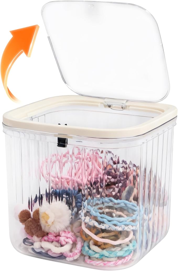 THMINS Hair Accessories Organizer for Girls,Small Plastic Storage Box with Lid for Kids Hair Clips,Ties,Bows&Jewelry,Stackable Dust-Proof Flip Top Container(Clear)