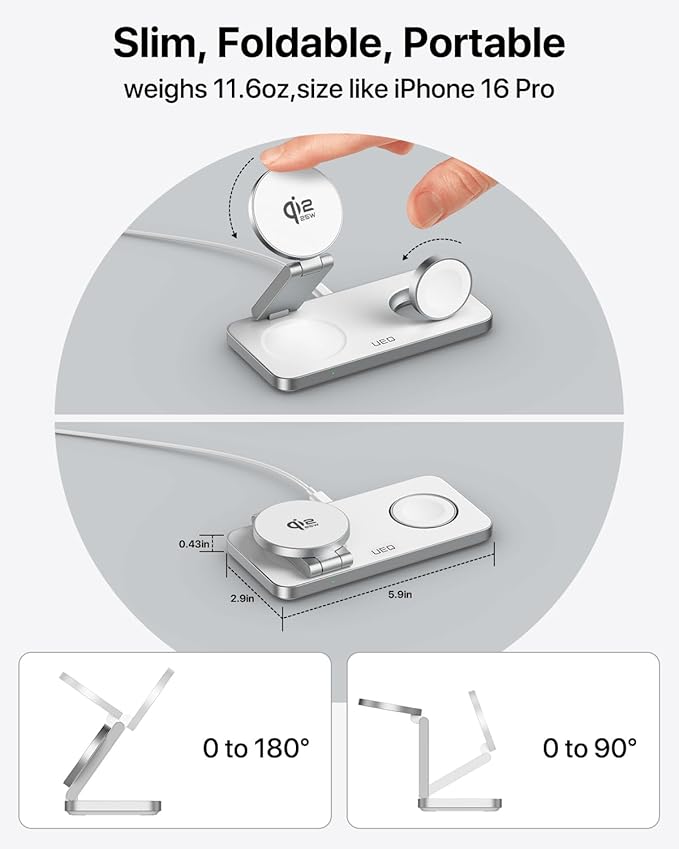 UEQ 3-in-1 Charging Station for Apple Devices,QI2.2 25W Ultra-Fast Magnetic Wireless Charger Stand,Compatible with MagSafe,Foldable Travel Charger for iPhone Air/17/16/15/14/13/12,Apple Watch,AirPods