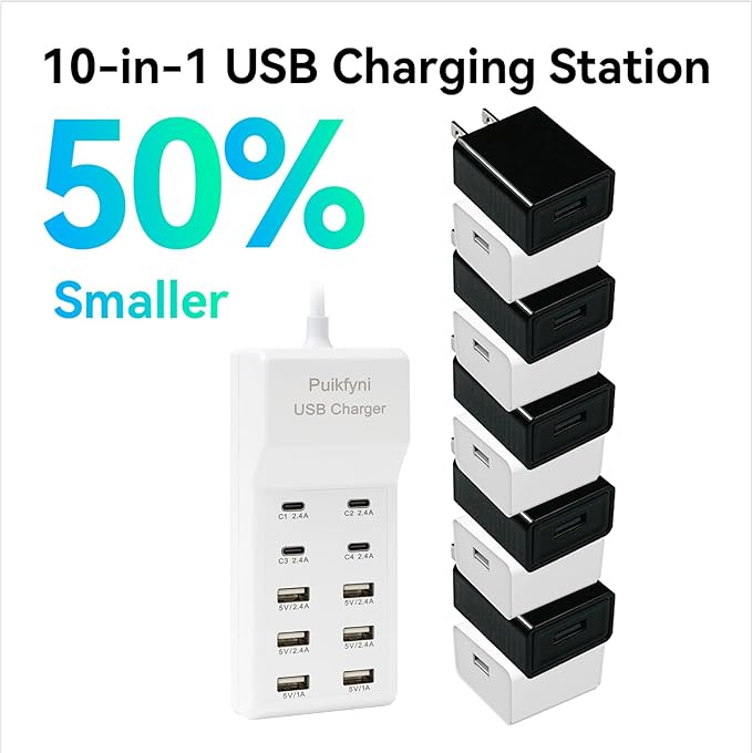 USB Charger Station with 4 Type-C and 6 Type-A Ports, Rapid Charging Auto Detect Technology Safety Guaranteed, 50W 10A USB Charger Block for Smart Phone, Tablet, Laptop, Multiple Devices