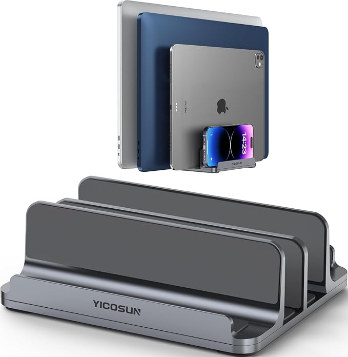 YICOSUN 4-Slot Aluminum Vertical Laptop Stand for Desk - Adjustable Width Dock for MacBook, Surface, Samsung, HP, Dell up to 17.3 inches - Space-Saving & Protective Design - Gray