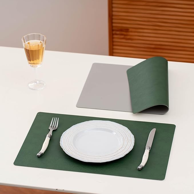 Placemats Set of 4 Reversible Dual-Color Table Placemats, Faux Leather 100% Waterproof Oil-Proof Wipeable Place Mats, Heat Resistant Dual Sided Table Mats for Kitchen/Dining/Party (Green&Gray